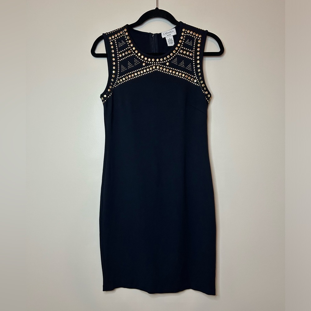 Carmen Marc Valvo Gold Studded Black Sleeveless Sheath Dress Size S
